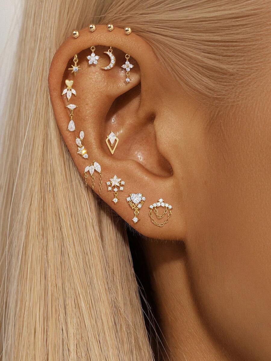 1 件不对称 925 纯银耳钉，女款，防过敏，平背耳钉，适合日常佩戴/派对/礼物，新娘首饰，精美珠宝 - 金色 - 查看 1