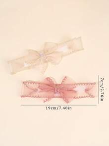 2Pcs Lace Baby Headband For Baby Girl, Clear Mesh Baby Bows Hairband, Stretchy Lace Head Band For Newborn Baby Girl, Baby Accessories. - Pink + Beige - View 3