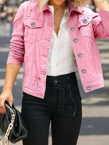 Classic Denim Jacket – Razor Cut-Outs & Vintage Wash | Edgy Button-Up Style - Dusty Pink - View 5
