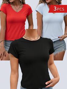 Women's Fashion T-Shirts - Elegant Summer Tees In 2-Pack And 3-Pack Options, Multiple Color Combinations For Stylish Outfits - 黑加淺藍加紅 - 查看 1