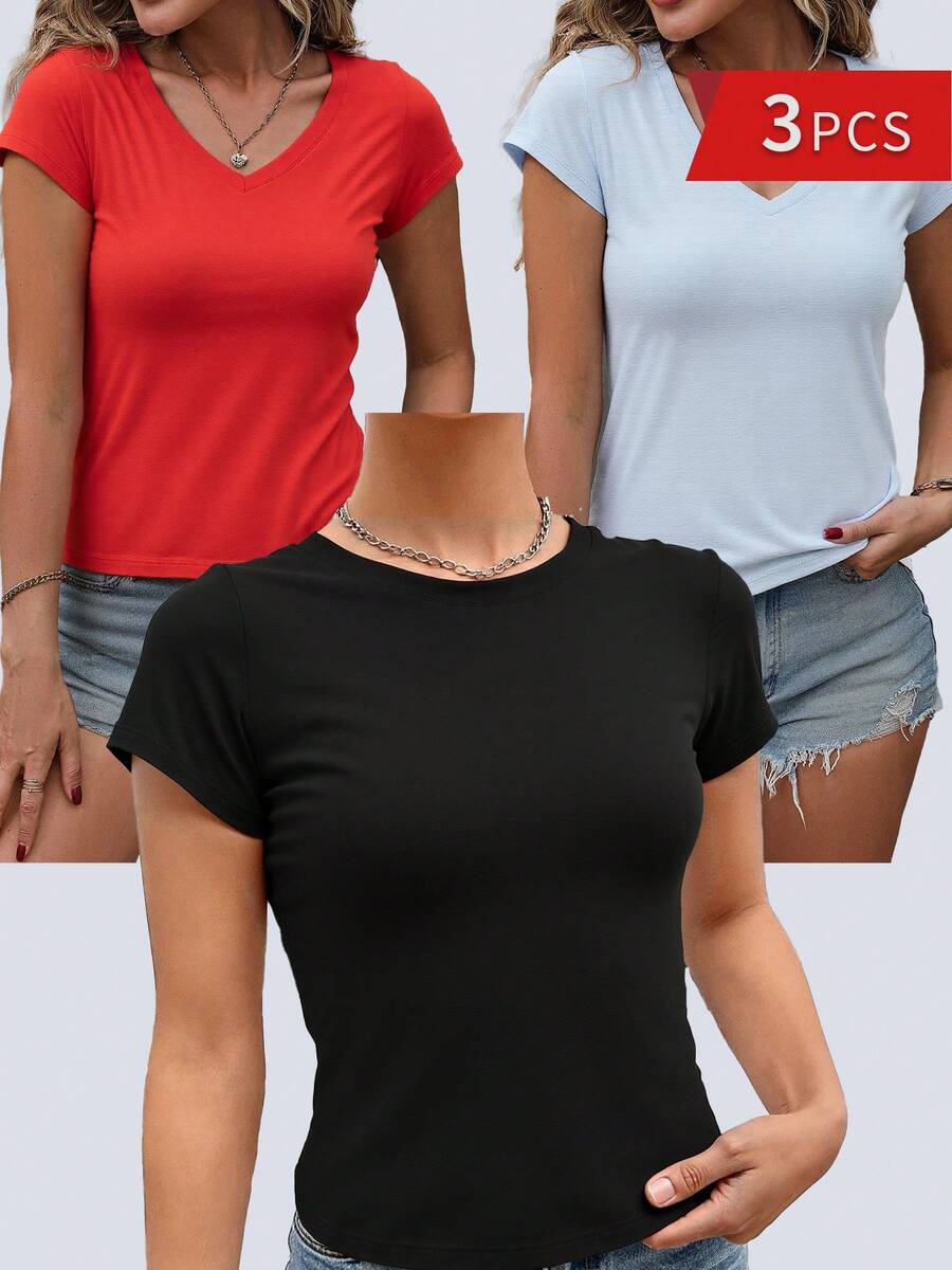 Women's Fashion T-Shirts - Elegant Summer Tees In 2-Pack And 3-Pack Options, Multiple Color Combinations For Stylish Outfits - 黑加淺藍加紅 - 查看 1