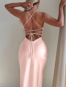 Summer Sexy Backless Maxi Dress Spaghetti Strap Bodycon Evening Dress, Low Cut Party Long Dress For Women, Wedding Guest Dress Women - Hồng - Xem 3