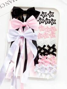 27 Stück/Set modisches Schleifen- und Stern-Haaraccessoire-Set, inklusive Stern-BB-Clips, verschiedene Größen von Schleifen-Haarclips in klassischem Schwarz, süßem Rosa und reinem Weiß - geeignet für Mädchen und Frauen, perfekt für Y2K-Alltagsoutfit, ein Muss für Modepioniere, Schulsachen, elegant, College, Winteroutfit für Frauen, Geschenke, Schleifen, niedlich, klassisch