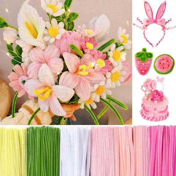 Pfeifenreiniger Basteln für Blumen, pastell Chenille Stiele für DIY Kunstprojekte kreative Geschenke (6 Farben), großes Päckchen flaumiger Pfeifenreiniger Blumenkit, ideal für Party Deko