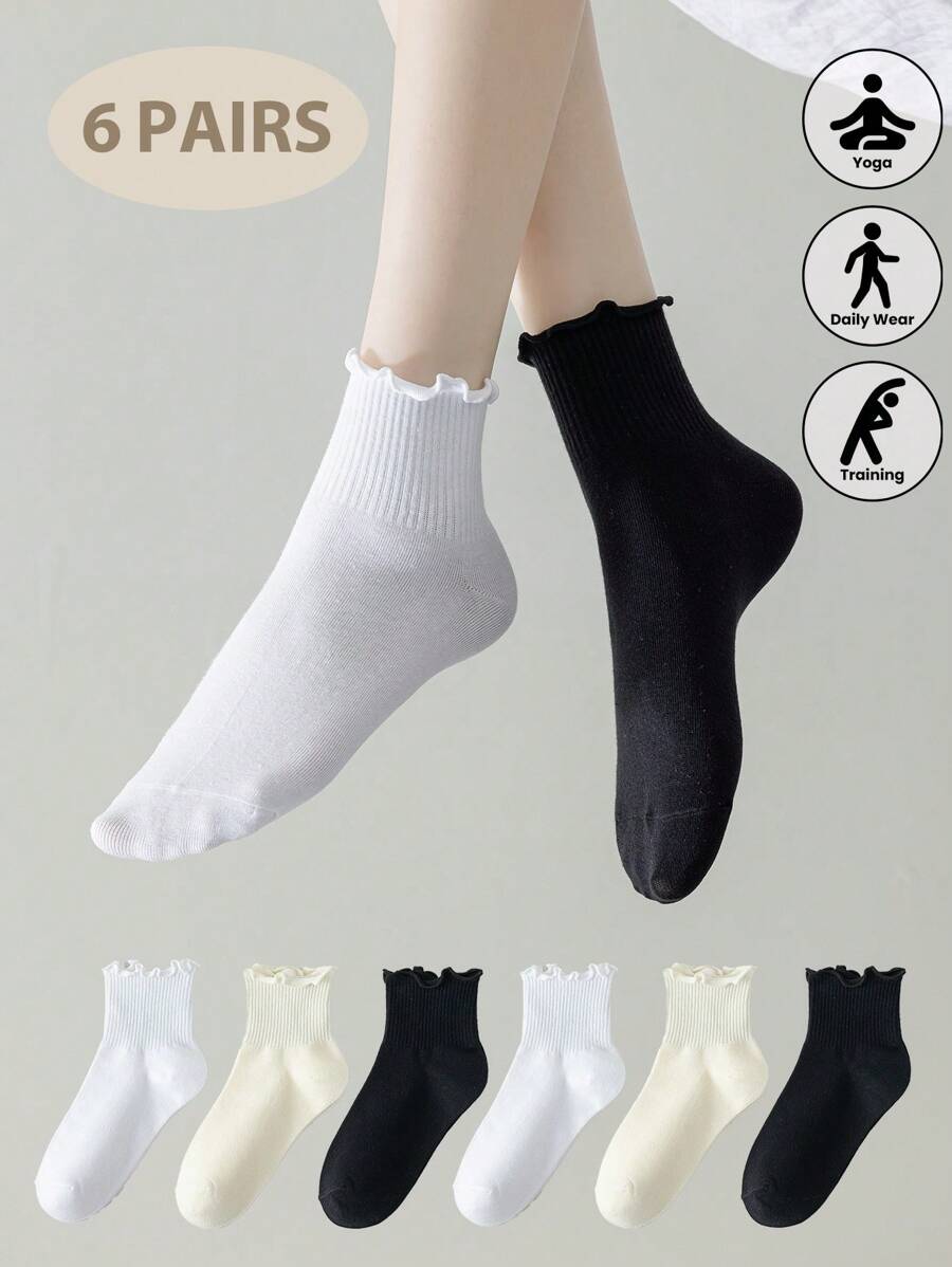 6 Pairs Black & White Casual - Sports Socks, Women Sports & Casual Ankle Socks For Running, Fitness