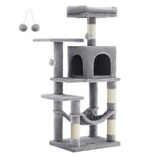 Albero per Gatti Alto 112 cm, Tiragraffi per Gatti, con 4 Pali Graffiatoi, 2 Posatoi, 1 Grotta, 1 Amaca, 2 Pompon, in Peluche a Più Livelli,  Grigio Chiaro - Grigio Chiaro - Visualizzare 1