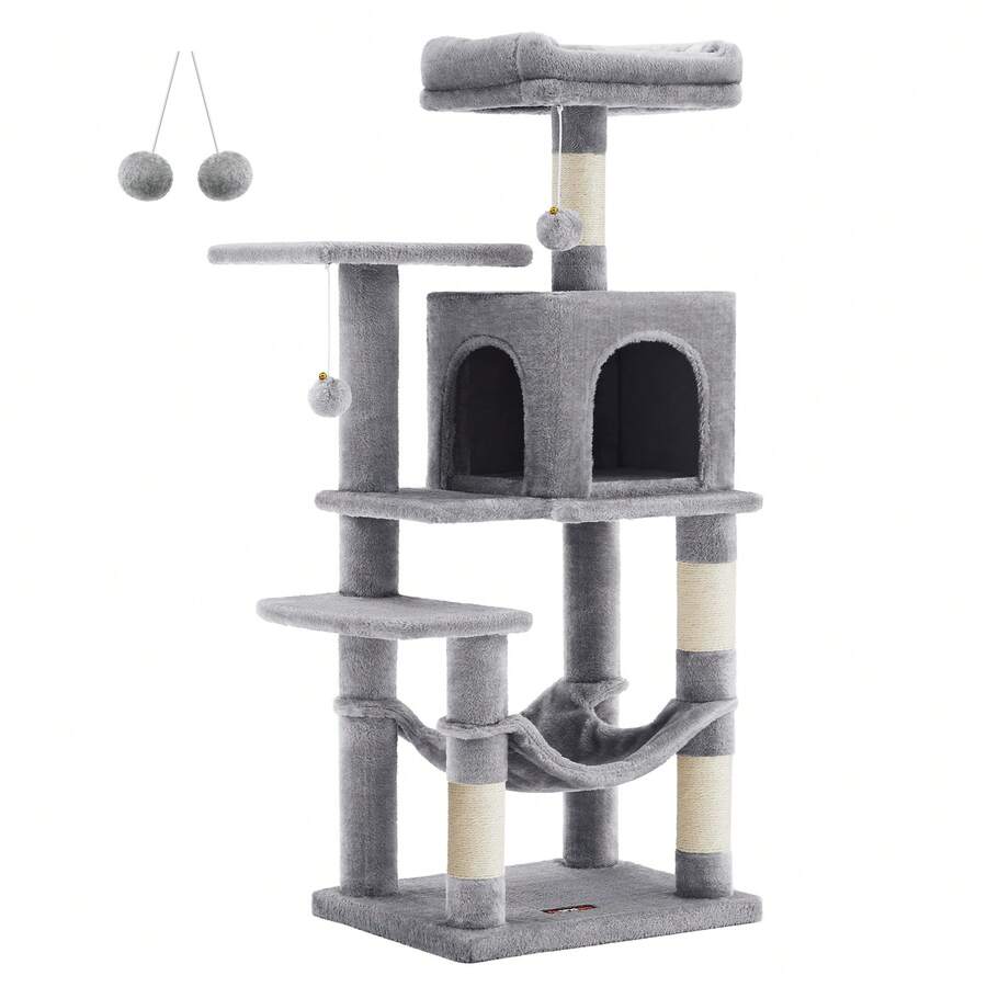 Albero per Gatti Alto 112 cm, Tiragraffi per Gatti, con 4 Pali Graffiatoi, 2 Posatoi, 1 Grotta, 1 Amaca, 2 Pompon, in Peluche a Più Livelli,  Grigio Chiaro - Grigio Chiaro - Visualizzare 1