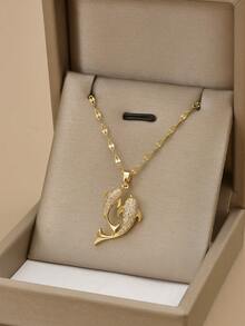 1 件可爱水钻镶嵌不锈钢海豚和海洋生物项链，精美沙滩装珠宝，海洋主题系列 - 金黃色 - 查看 4