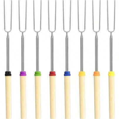 Marshmallow Roasting Sticks Set, Extendable 32in Long Metal Barbecue Skewers With Wooden Handle, For Marshmallow, Hot Dogs, Camping, BBQ, Grill