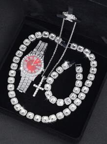 CVNANA 4pcs/Set Men's Watch And Hip Hop Cuban Chain Necklace Bracelet Set (Without Gift Box)