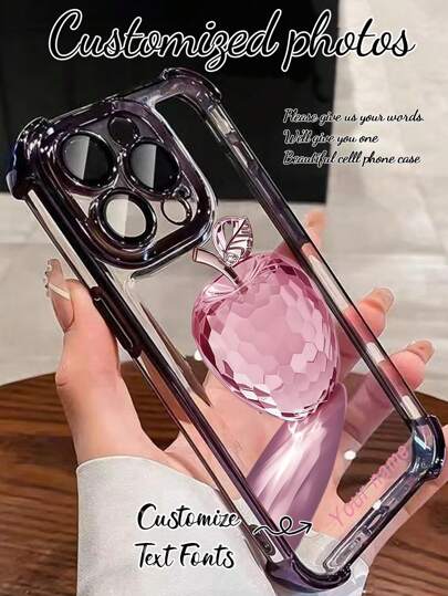 1pc Customized Crystal Pink Apple High-Definition UV Color Printing Design / Deep Purple Electroplated Four Corner Anti-Fall Lens Protection Phone Case, Meets Customer's Personalized Needs! Suitable Compatible With Apple, 11/12/13/14/15/16/PROMAX, /A13/A14/A15/A53/A55/A54/A55/S23/S23ultra/S24ultra/S24/Sam, Galaxy, Can Be Used As Gifts And For Daily Use