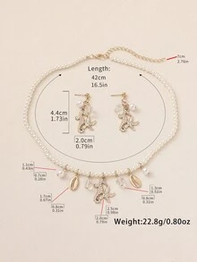 3 件海洋主题人造珍珠、海星、贝壳串珠项链和耳环套装，适合波西米亚风、沙滩装、休闲装、度假装、节日礼物的女性 - 金黃色 - 查看 6