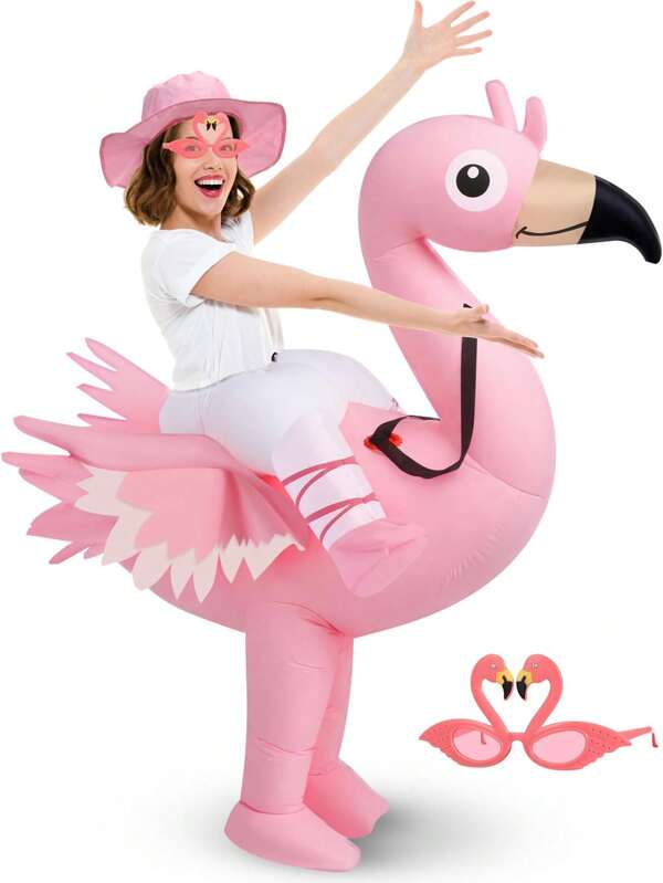Aufblasbares Flamingo Kostüm, Flamingo Reiten aufgeblasenes Lustiges Erwachsenen Halloween Kostüm. Erwachsenen Flamingo Reiten aufblasbares Party Kostüm mit Hawaii Sonnenbrille für Frauen und Männer, Lustiger Faschingskostüm für Sommer Geburtstag