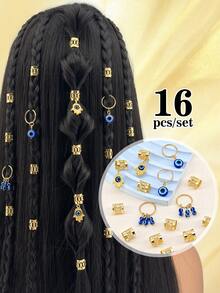 Juego de 16 piezas de anillos y accesorios para el cabello con forma de ojo de diablo en estilo hippie, para sogas, trenzas y cabello de mujer y niña - Dorado - Ver 1