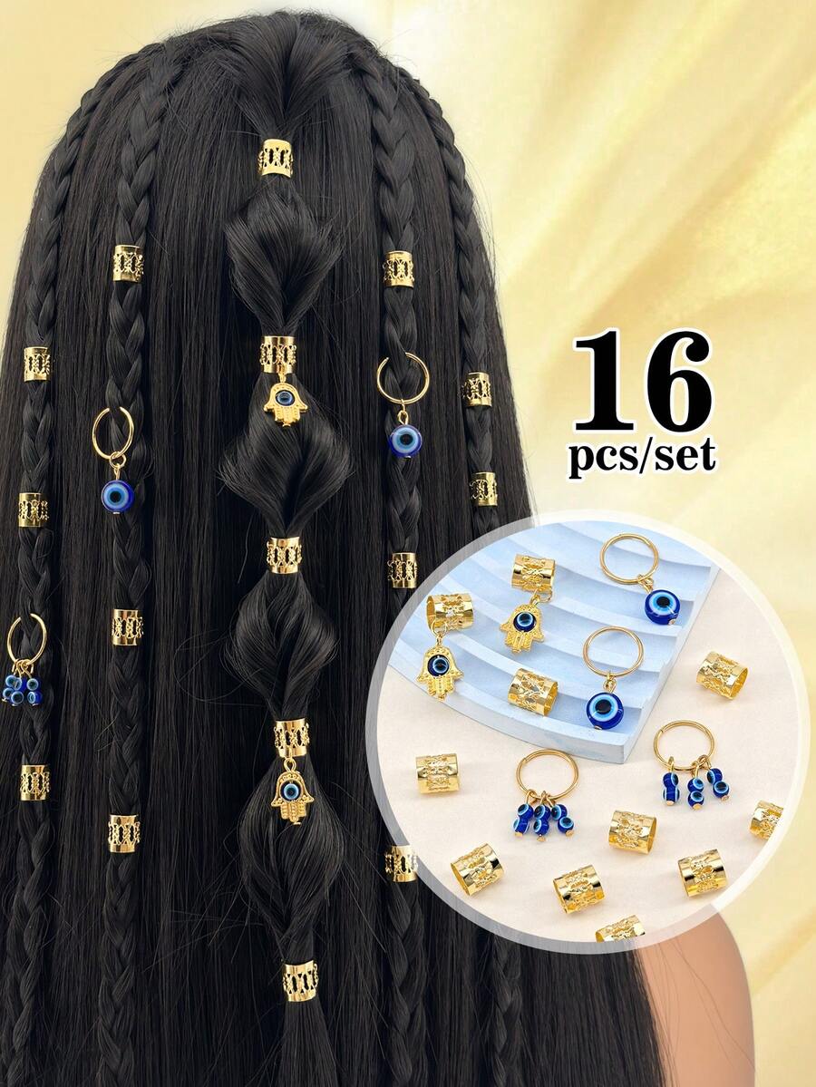 Juego de 16 piezas de anillos y accesorios para el cabello con forma de ojo de diablo en estilo hippie, para sogas, trenzas y cabello de mujer y niña - Dorado - Ver 1