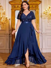 Plus Deep V-Neck Sequin Lace Contrast Chiffon Double Layer Ruffle Hem Evening Party Dress, Elegant Prom Formal Wedding Guest Dress, For Birthday, Graduation, Homecoming, Formal Dress,Gown - Navy Blue - View 1