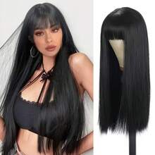 28.3 Pulgadas Peluca Negra Larga Lisa con Flequillo y Malla Interior, Peluca Negra Larga Lisa Ajustable con Flequillo Mujer Resistente al Calor Elegante Peluca Sintética Suave para Cosplay Fiesta Uso Diario y Ocasiones Especiales - Negro - Ver 3