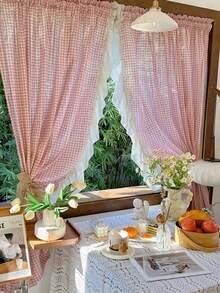 1/2 件复古半透明乡村风格经典粉色格子蕾丝装饰窗帘，适合日常装饰和节日 - 粉色 - 查看 4