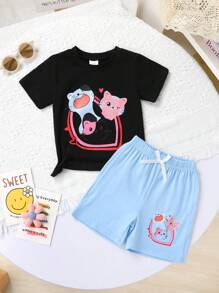 Set de 6 piezas: Conjuntos de camisetas para niñas, con estilo y lindas, de tela suave, transpirable y cómoda con estampado de dibujos animados, camiseta de cuello redondo y manga corta, y pantalones cortos deportivos decorados con lazos, adecuados para casual, diario, vacaciones y fiesta
