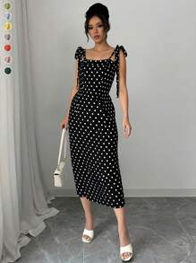 Abito midi da donna elegante e vintage, con scollo a pois e colletto, orlo arricciato, fiocco, in tessuto jacquard elegante e vintage, adatto per eventi all'aperto, uscite serali, giardino in estate