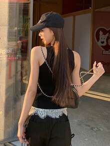 蕾丝边饰无袖修身V领女式休闲黑色夏季上衣 - 黑色 - 查看 2