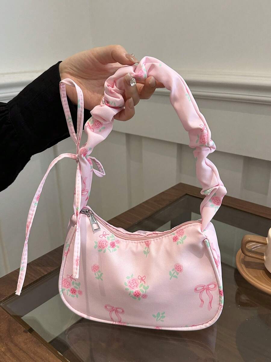 Túi đeo vai họa tiết hoa Ditsy mới, Túi tote xếp ly giản dị thời trang dành cho nữ, Sức chứa lớn
