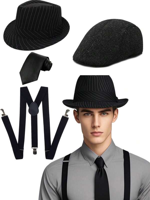 D EXCEED 3/4PCS 1920s Costume Accessories Set For Women And Men Newsboy Hat And Manhattan Fedora Hat, Back Suspenders & Tie Men's Roaring 20s Set For Great Gatsby Themed Party Men 1920s Gifts