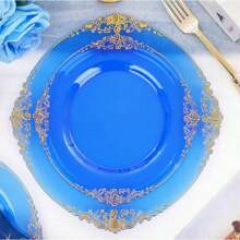 Reusable Transparent Blue Lace Gold-Rimmed Fruit Salad Plate, Suitable For Family Gatherings, Parties, Birthdays, Weddings, Outdoor Activities, Team Building, Etc.