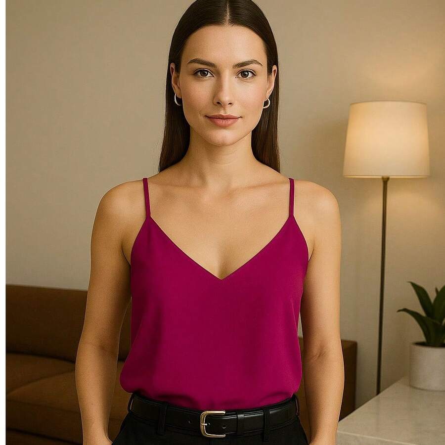Women's Tank Top With Adjustable Straps Basic Crepe Strappy Top - Rosa Roja - Ver 1