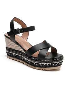 Summer Wedge Sandals With Cross Straps And Beaded Platform Sole - Black - View 2