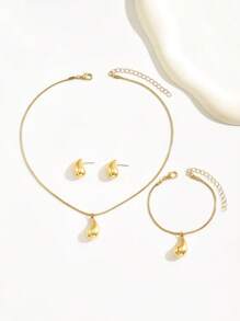 4pcs/Set Women's Minimalist Metal Teardrop Necklace, Earrings, Bracelet Set, Versatile For Everyday/Work Wear