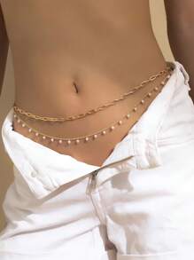 1 Stück elegante Taillenkette mit Kunstperlen, vintage mehrschichtige geometrische Körperkette mit Quaste, europäischer und amerikanischer Schmuck für Frauen