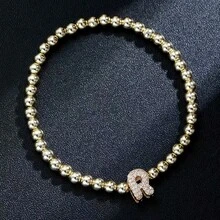 1 件简约黄铜和立方字母串珠弹性手链，适合女士 - 金色 - 查看 25