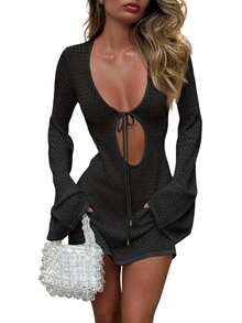 Womens Crochet Swimsuit Cover Up Long Bell Sleeve V Neck Tie Mesh Knit Summer Beach Dress Vacation Outfits - 黑色 - 查看 3