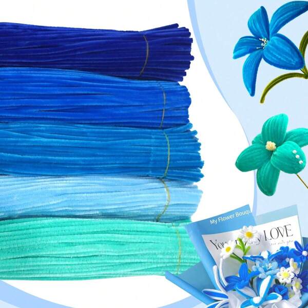100/250/500/700/1500 Pcs Value Packs DIY Blue Pipe Cleaner Projects, Blue Chenille Stems + Blue Pom Poms, 11.81x0.6 Craft With Pipe Cleaners Supplies, Colorful Chenille Stems, Color Mix Fuzzy Wire Bulk