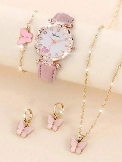 5pcs/Set Pink Whale Design Girls Quartz Watch, Butterfly Pendant Necklace, Bracelet And Earring Set, Best Gift Choice