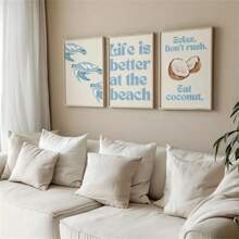1pc/3pcs Modern Anime Art Decor Prints, Coastal Light Blue Beach Theme, Quotes Coconut Turtle Posters For Living Room Bedroom Classroom Kitchen Bathroom Wall Art Decor Optional Frame