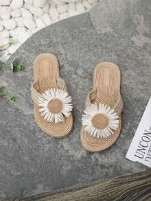 Sandalias de mujer de lino y cuerda, cómodas sandalias de playa bohemias de verano con diseño de girasol trenzado, chanclas de suela blanda EVA de varios colores, sandalias planas tipo chancla para vacaciones de verano - Caqui - Ver 4