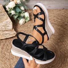 2025 New Fashion Comfortable Black Wedge Casual Cross Strap Women Sandals
