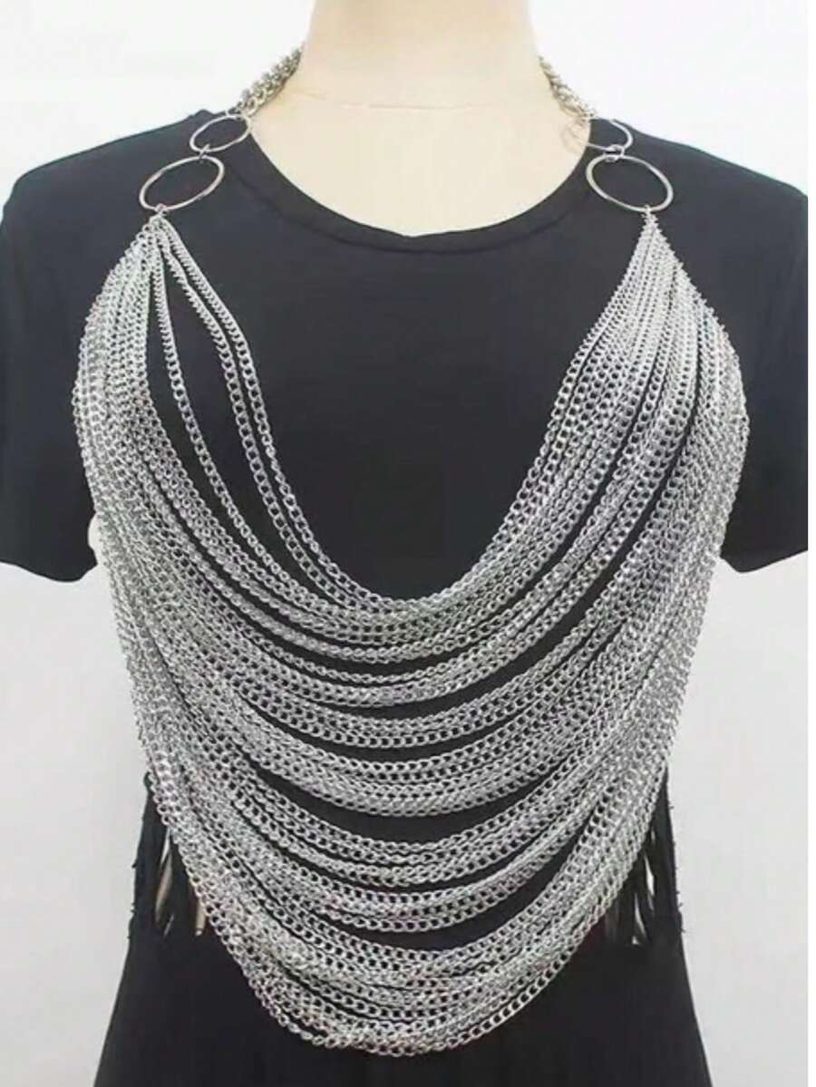 1pc Sexy Metal Chain Hollow Out Backless Spaghetti Strap Tank Top, Fashionable And - Silver - View 1