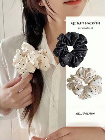 1个缎面波点发圈 - 复古柔软发绳，高弹力发髻固定绳，发圈，发饰，马尾辫