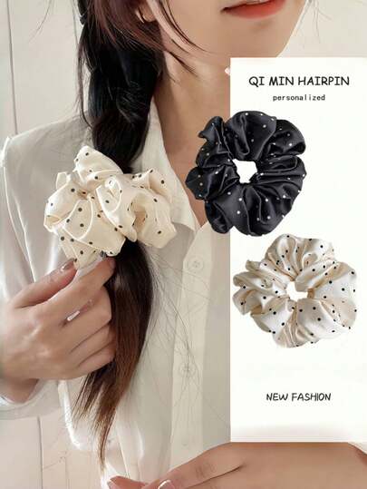 1个缎面波点发圈 - 复古柔软发绳，高弹力发髻固定绳，发圈，发饰，马尾辫发饰