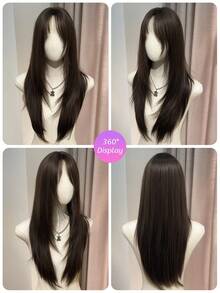 SHUDUO 1 peluca de cabello liso marrón resistente al calor sintética con flequillo partido en el centro, hecha de fibras para uso diario, peluca natural y realista (accesorios no incluidos) - Marrón - Ver 6