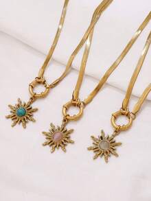 1 件复古不锈钢别致太阳形吊坠项链女式个性多色合成宝石蛇形项链时尚日常珠宝礼物