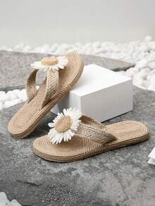 Sandalias de mujer de lino y cuerda, cómodas sandalias de playa bohemias de verano con diseño de girasol trenzado, chanclas de suela blanda EVA de varios colores, sandalias planas tipo chancla para vacaciones de verano - Caqui - Ver 2