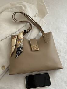 1pc PU Shoulder Bag With Scarf Decor, Large Capacity, Lightweight And Versatile, Suitable For Commuting - Khaki - View 8