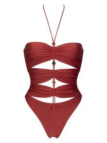 tureller Women's Sleeveless Halter Knitted Ruched Cut Out One Piece Swimsuit Sexy High Cut Short Design For SummerVacation