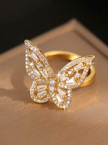1 pieza Anillo abierto de mujer con decoración de mariposa hueca con circonita cúbica, versátil, ideal para uso diario, decoración, vacaciones, viajes, compromiso y aniversario