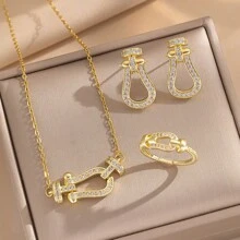 1 Stück modischer Luxus Schmuckset mit kubischem Zirkonia und Hufeisen-Verschluss, bestehend aus Halskette, Ohrringen und Ring, elegant und vielseitig einsetzbar, perfektes Geschenk für Frauen