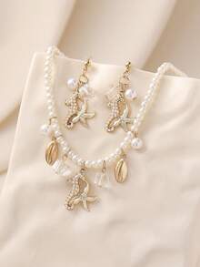 3 件海洋主题人造珍珠、海星、贝壳串珠项链和耳环套装，适合波西米亚风、沙滩装、休闲装、度假装、节日礼物的女性 - 金黃色 - 查看 2